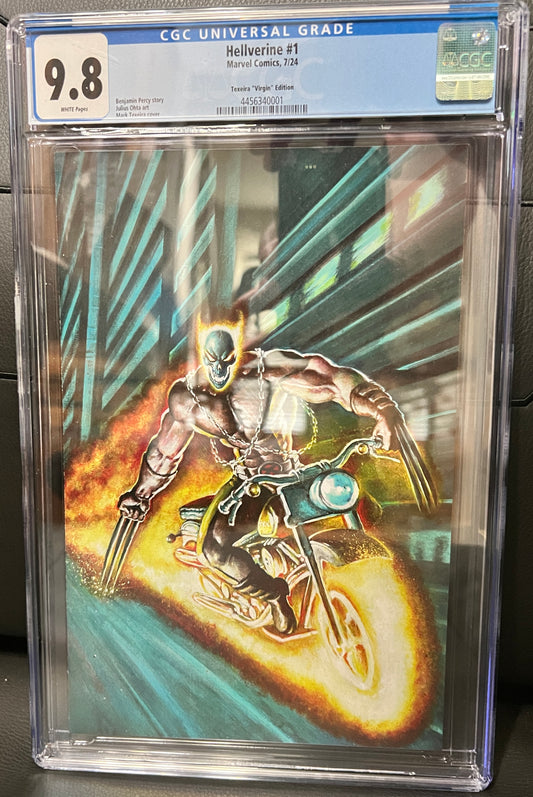 Hellverine #1 in an Encapsulated Comic Holder with a CGC Universal Grade of 9.8 it shows Wolverine on a motorcycle as Hellverine the Ghost Rider there are flames engulfing the Motorcycle and leaving a flame trail.