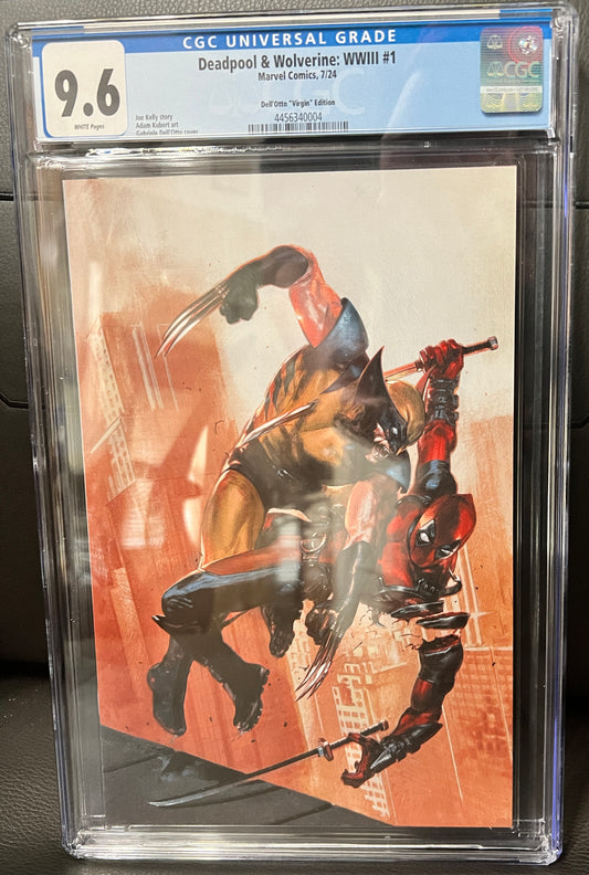 Deadpool & Wolverine Comic encapsulated in a Slabbed comic holder graded at 9.6 CGC Universal Grade Dell Otto Virgin Variant